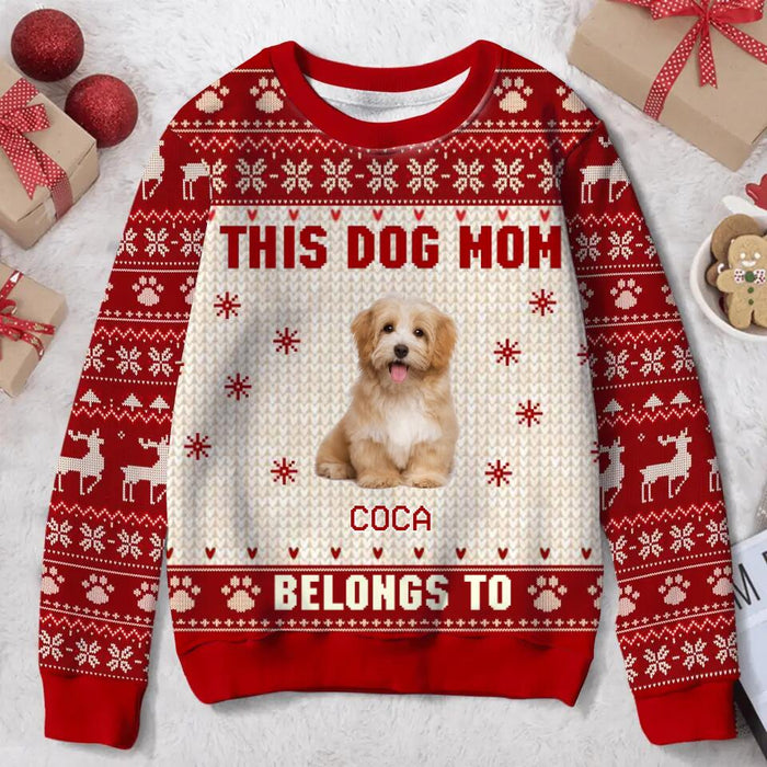 Custom Personalized Christmas Pet Mom/Dad Sweater - Upload Photo - Christmas Gift Idea For Dog/Cat Lovers - This Dog Mom Belongs To