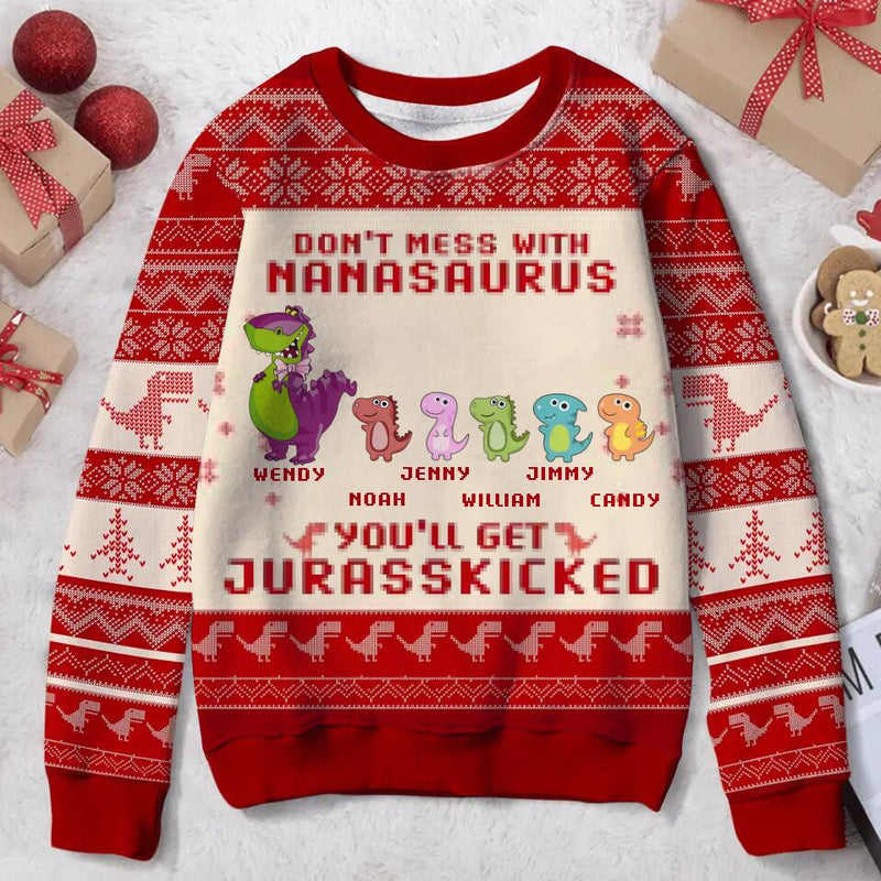 Personalized Grandparent All-Over Print Sweater - Up to 5 Kids - Christmas Gift idea for Grandpa/Grandma/Kids - Don't Mess With Nanasaurus You'll Get Jurasskicked