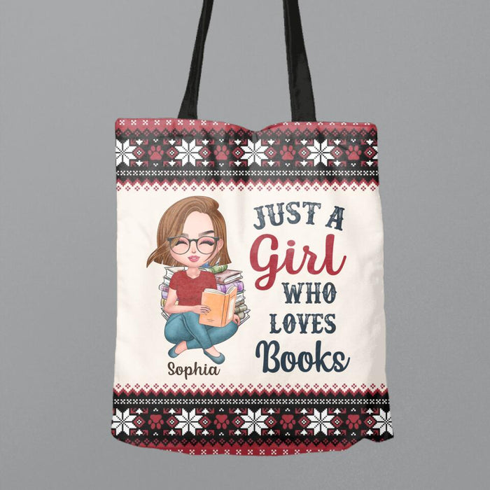 Custom Personalized Girl Reading Book Canvas Bag - Gift Idea For Reading Lover/ Christmas Gift - Just A Girl Who Loves Books