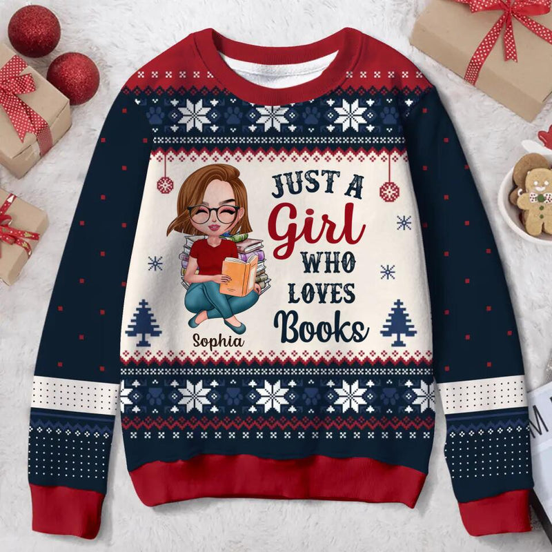 Personalized Girl Reading Book All-Over Print Sweater - Gift Idea For Reading Lover/Christmas Gift - Just A Girl Who Loves Books