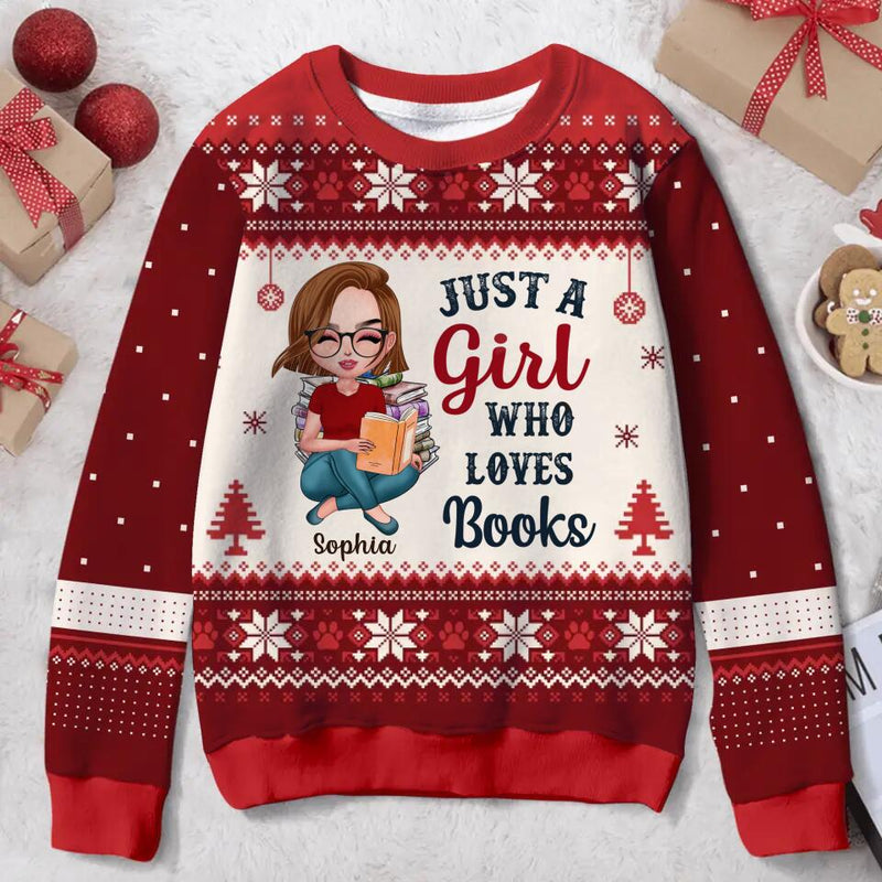 Personalized Girl Reading Book All-Over Print Sweater - Gift Idea For Reading Lover/Christmas Gift - Just A Girl Who Loves Books
