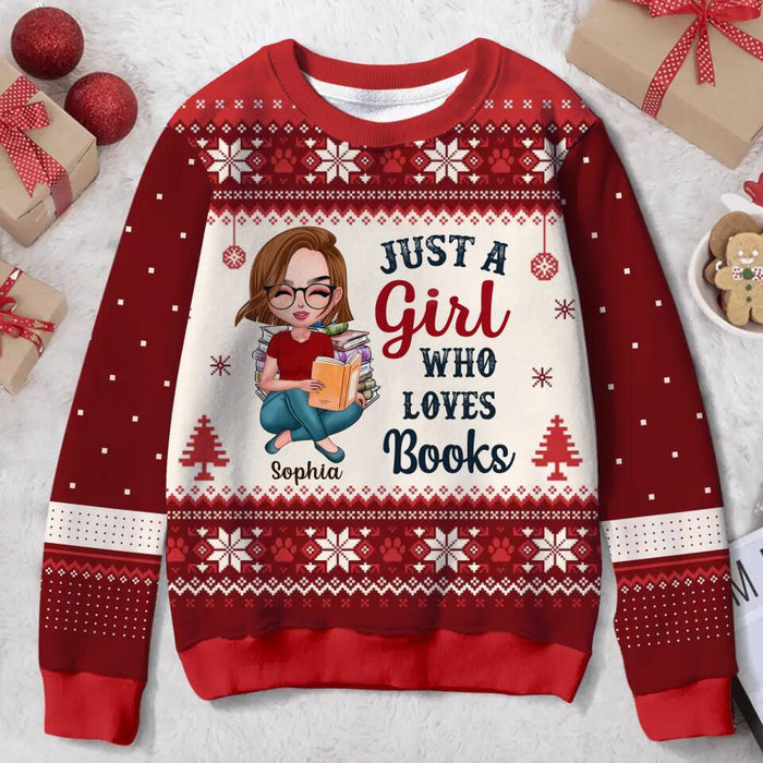 Custom Personalized Girl Reading Book All-Over Print Sweater - Gift Idea For Reading Lover/ Christmas Gift - Just A Girl Who Loves Books