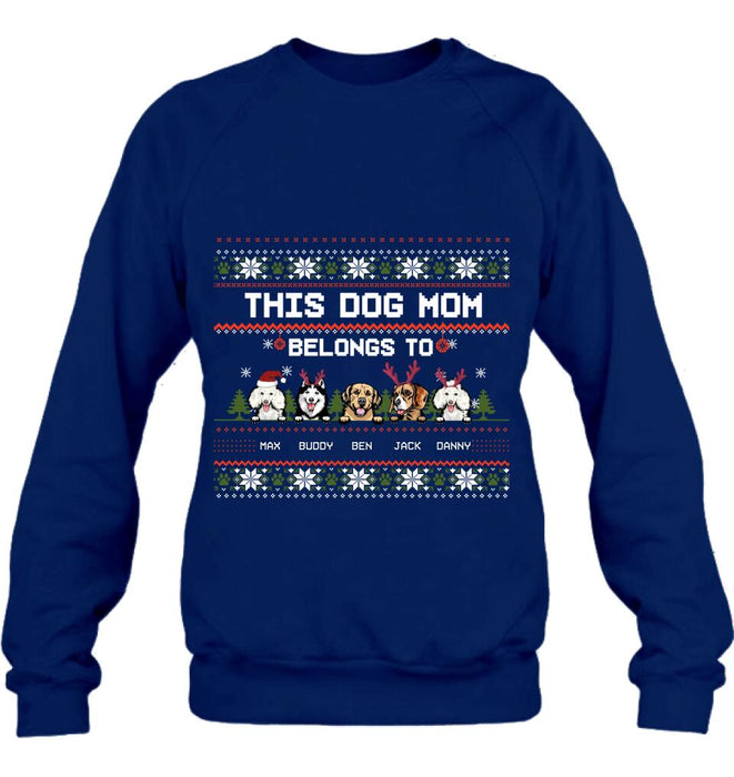 Custom Personalized Dog Mom Sweater - Upto 5 Dogs - Christmas Gift For Dog Lover - This Dog Mom Belongs To