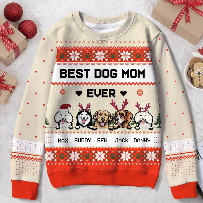 Custom Personalized Dog Mom Ugly All-Over Print Sweater - Upto 5 Dogs - Christmas Gift For Dog Lover - Best Dog Mom Ever