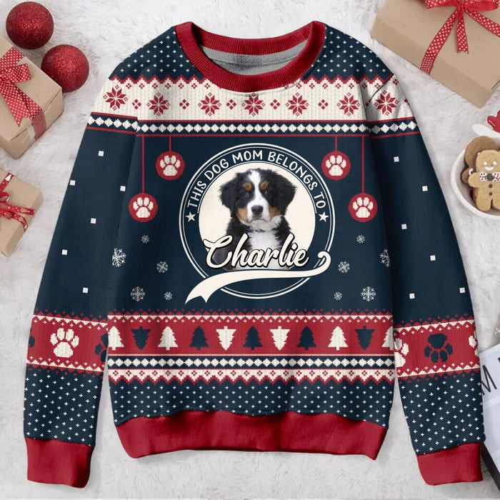 Custom Personalized Dog Mom/ Dog Dad All-Over Print Sweater - Upload Dog's Photo - Christmas Gift Idea For Dog Lover - This Dog Mom Belongs To