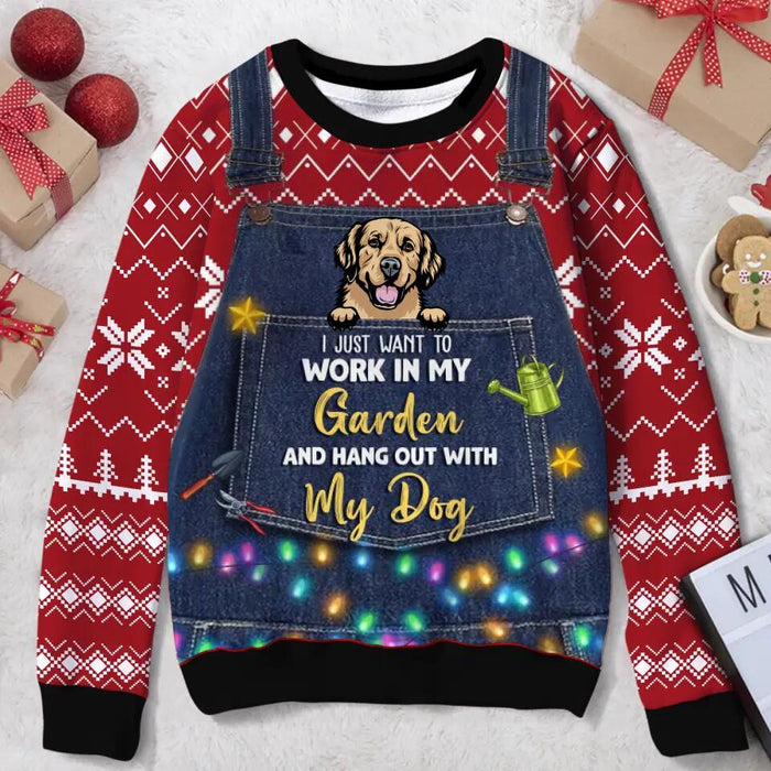 Custom Personalized Dog All-Over Print Sweater - Upto 5 Dogs - Christmas Gift Idea For Dog Lovers  - I Just Want To Work In My Garden And Hang Out With My Dog