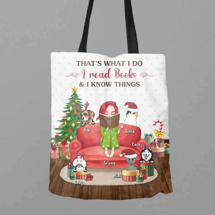 Custom Personalized Reading Book Canvas Bag - Girl With Upto 5 Pets - Christmas Gift Idea For Book/Dog/Cat Lover - That's What I Do I Read Books & I Know Things