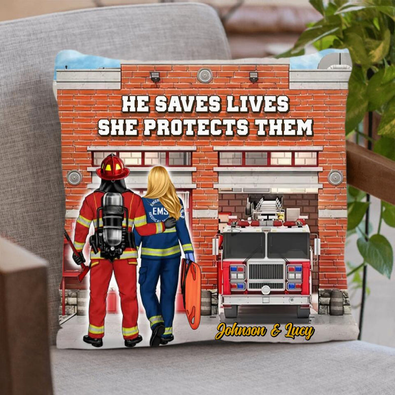 Custom Personalized Saving Lives Pillow Cover - Gift Idea For Couple, Best Friends - He Saves Lives She Protects Them