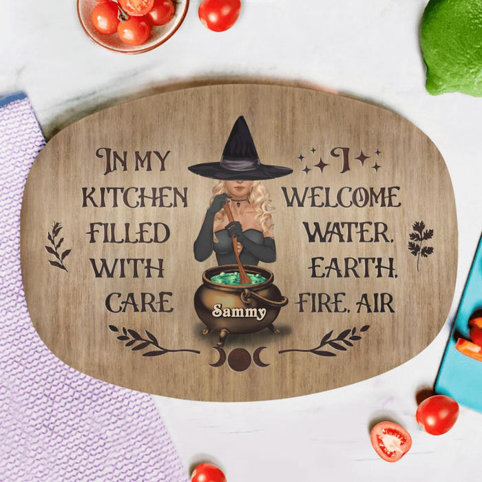 Custom Personalized Witch Serving Platter - Gift Idea For Friends/Sisters/Wiccan Decor/Pagan Decor - In My Kitchen Filled With Care I Welcome Water Earth Fire Air