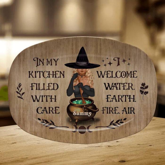 Custom Personalized Witch Serving Platter - Gift Idea For Friends/Sisters/Wiccan Decor/Pagan Decor - In My Kitchen Filled With Care I Welcome Water Earth Fire Air