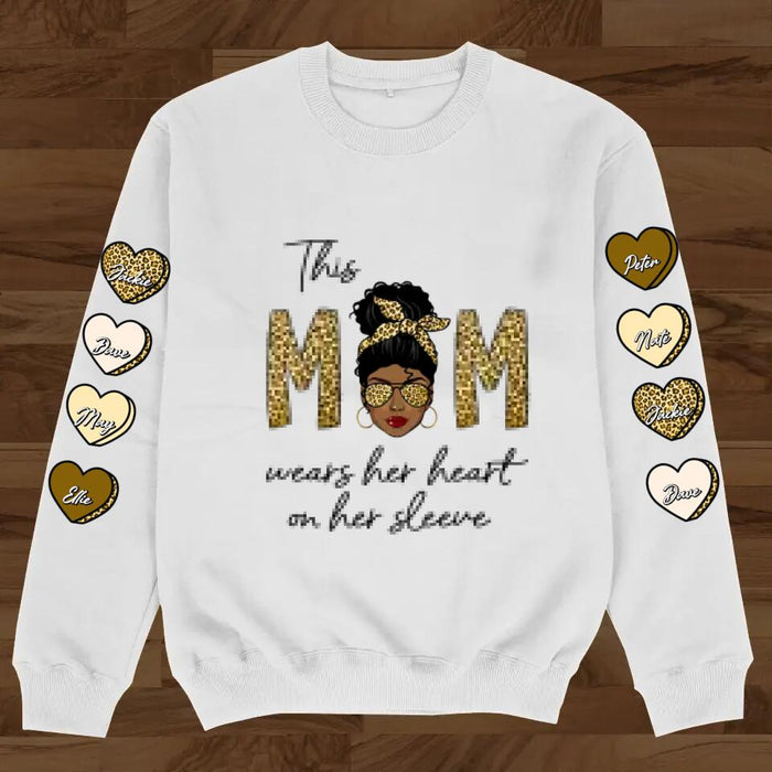 Custom Personalized Sweater - Gift for mother/grandma - This mom wears her heart on her sleeve leopard sweater- Up to 8 Kids/Grandkids