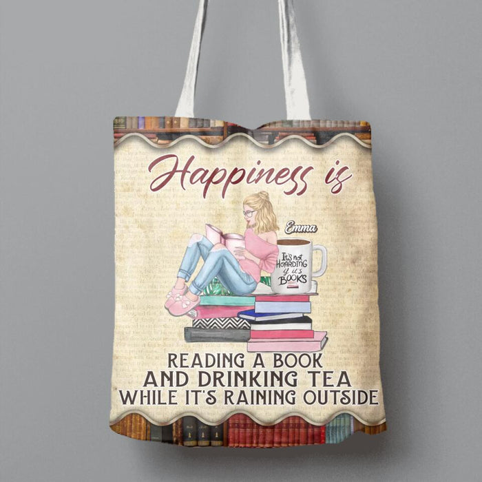 Custom Personalized Reading Book Girl Canvas Bag - Gift Idea For Book Lovers - Happiness Is Reading A Book And Drinking Tea While It's Raining Outside