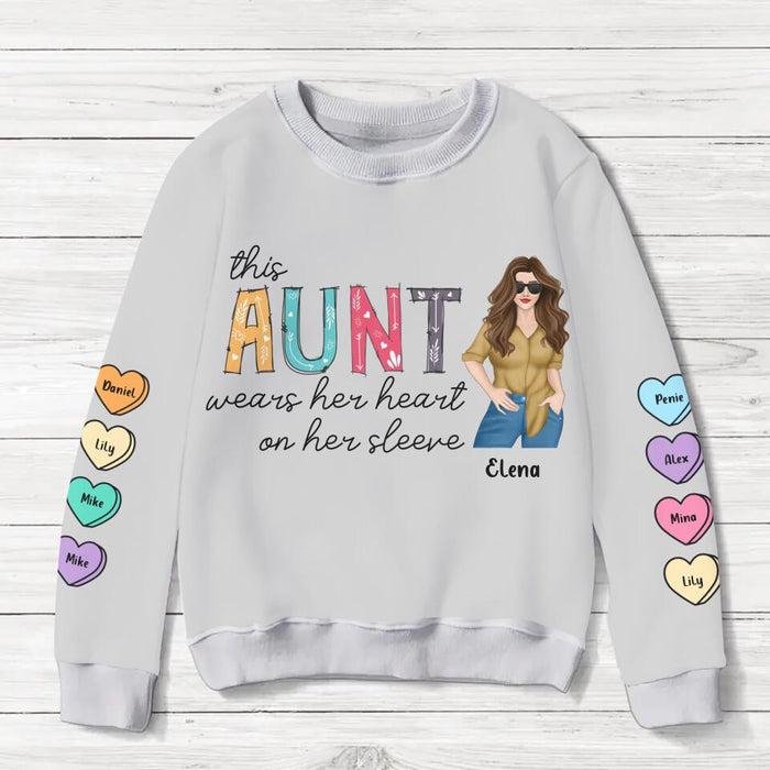 Custom Personalized Aunt Sweater - Gift for Aunt - Upto 8 Hearts - This Aunt Wears Her Heart On Her Sleeve