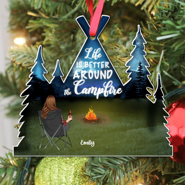 Custom Personalized Night Camping Tent Ornament - Man/ Woman/ Couple with Upto 4 Kids- Best Gift For Camping Lover - Life Is Better Around The Campfire