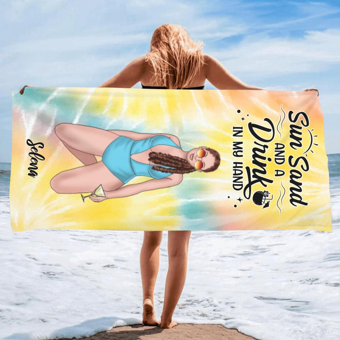 Custom Personalized Bikini Girl Beach Towel - Gift Idea For Girl/Beach Lovers - Sun Sand And A Drink In My Hand