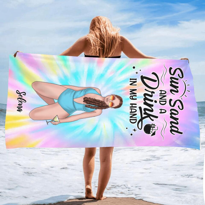 Custom Personalized Bikini Girl Beach Towel - Gift Idea For Girl/Beach Lovers - Sun Sand And A Drink In My Hand
