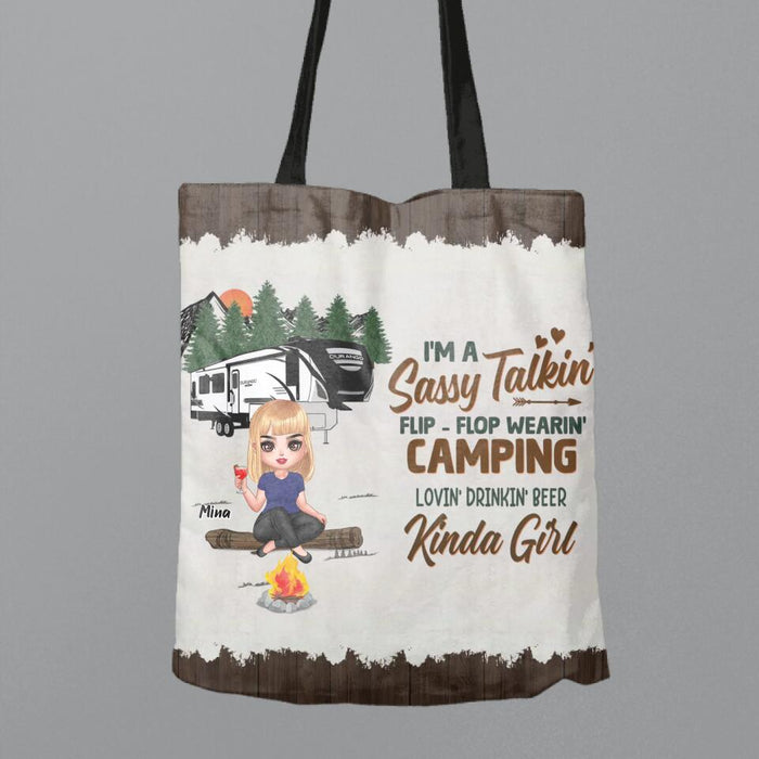 Custom Personalized Camping Girl Canvas Bag - Gift Idea For Camping Lover - I'm A Sassy Talkin' Flip-Flop Wearin' Camping Lovin' Beer Drinkin' Kinda Girl