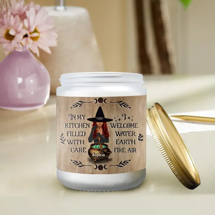 Custom Personalized Witch Candle - Halloween Best Gift Idea - In My Kitchen Filled With Care I Welcome Water. Earth. Fire. Air