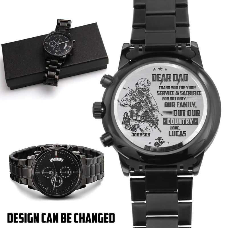 Personalized Veteran Black Chronograph Watch - Father's Day Gift for Veteran - Dear Dad Thank You For Your Service & Sacrifice
