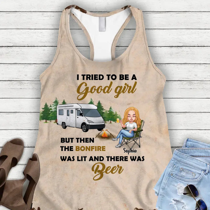 Custom Personalized Camping Queen AOP Women's Racerback Tank Top - Gift Idea For Camping Lovers - I Tried To Be A Good Girl