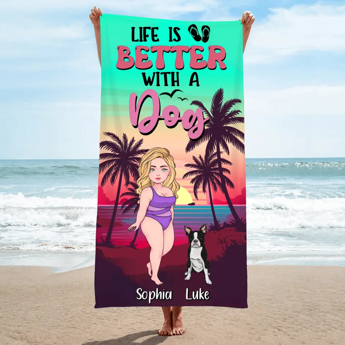 Custom Personalized Dog Mom Beach Towel - Upto 4 Dogs - Gift Idea for Dog Lovers - Life Is Better With A Dog