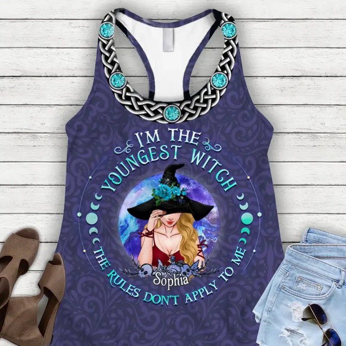 Custom Personalized Witch Sister AOP Women's Racerback Tank Top - Gift Idea for Witch Lovers/Sisters - I'm The Youngest/Middle/Oldest Witch