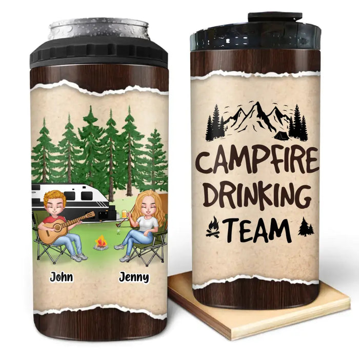 Custom Camping Friends With Guitar 4 In 1 Can Cooler Tumbler - Upto 6 People - Gift Idea For Friends/Couple/Camping Lovers - Campfire Drinking Team