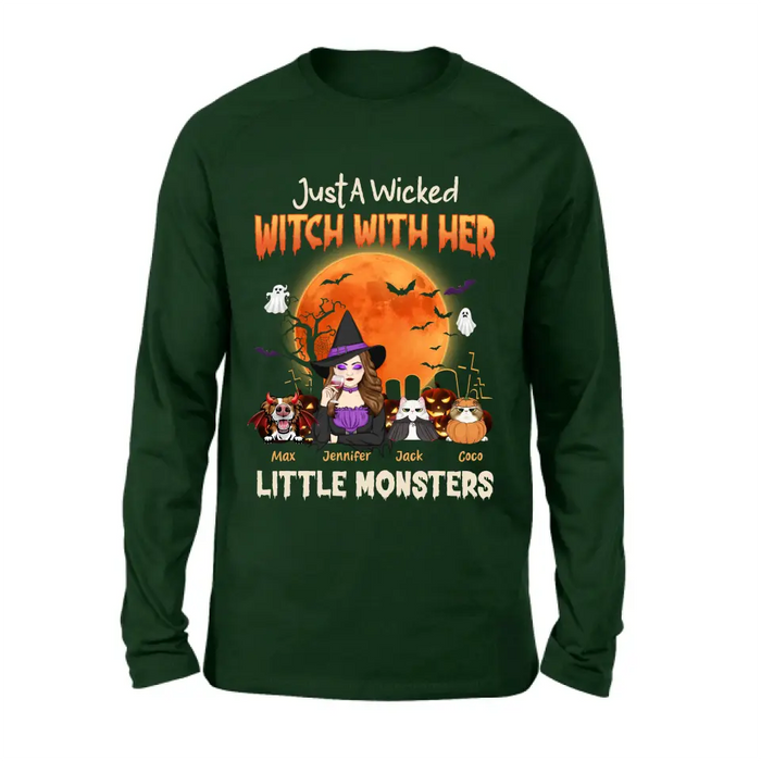 Custom Personalized Witch Pet Mom T-shirt/ Sweatshirt/ Long Sleeve/ Hoodie - Upto 3 Dogs/Cats - Halloween Gift For Cat/Dog Mom - Just A Wicked Witch With Her Little Monsters