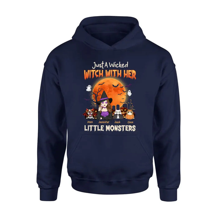 Custom Personalized Witch Pet Mom T-shirt/ Sweatshirt/ Long Sleeve/ Hoodie - Upto 3 Dogs/Cats - Halloween Gift For Cat/Dog Mom - Just A Wicked Witch With Her Little Monsters