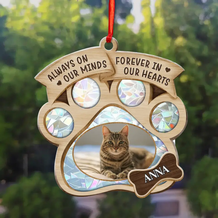 Custom Personalized Memorial Photo Suncatcher Ornament - Christmas/Memorial Gift Idea for Pet Owners - Always On Our Minds Forever In Our Hearts